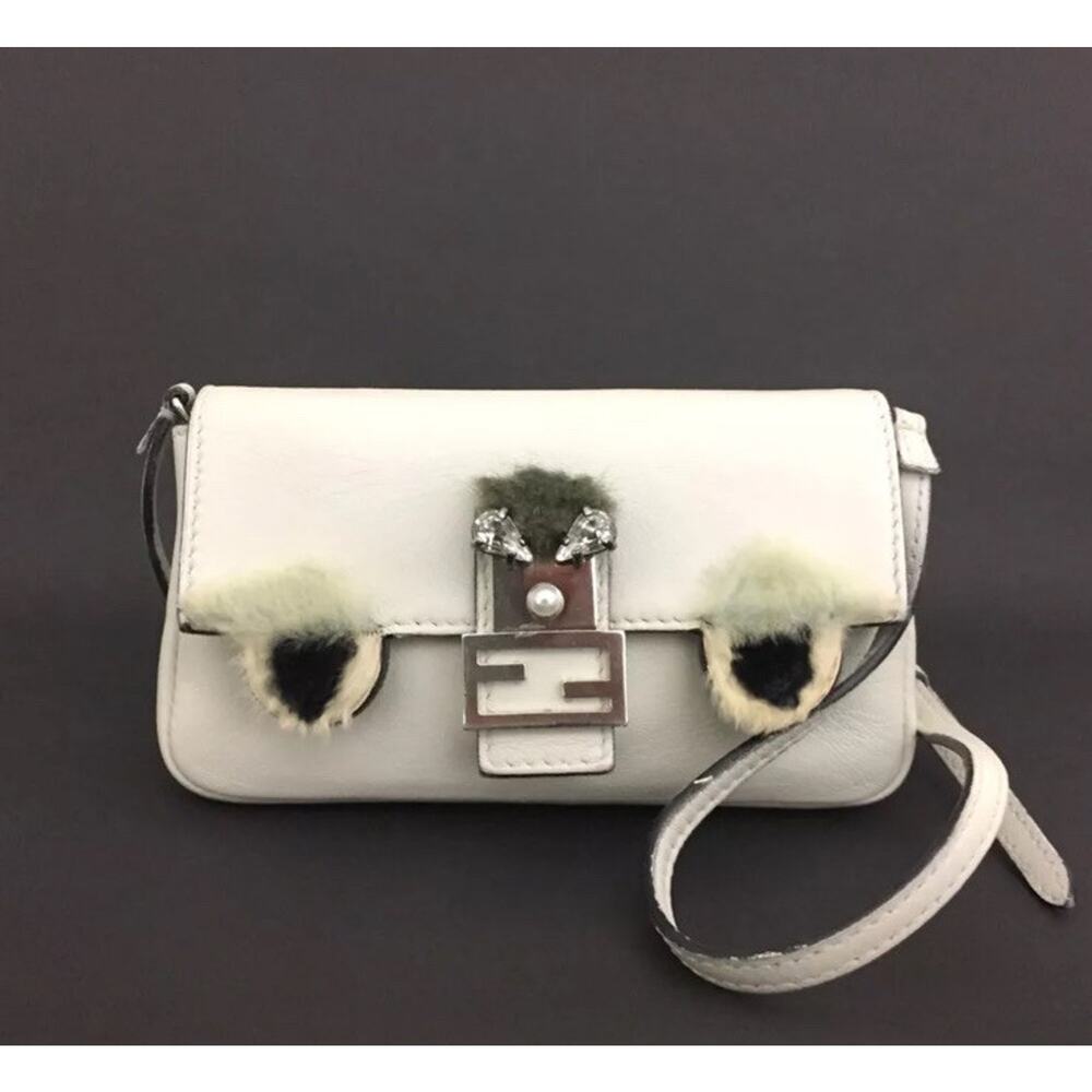 FENDI Monster Micro Baguette Leather Shoulder Bag White
